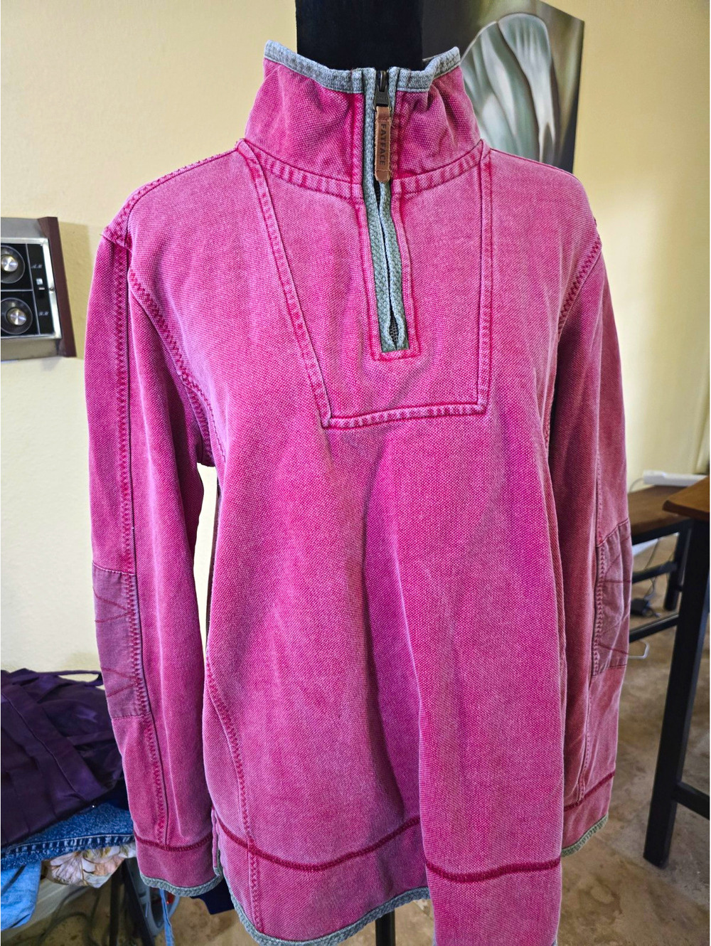 FatFace 1/4 Zip Pullover Sweatshirt Women's Med Berry Vintage Wash Elbow Patches